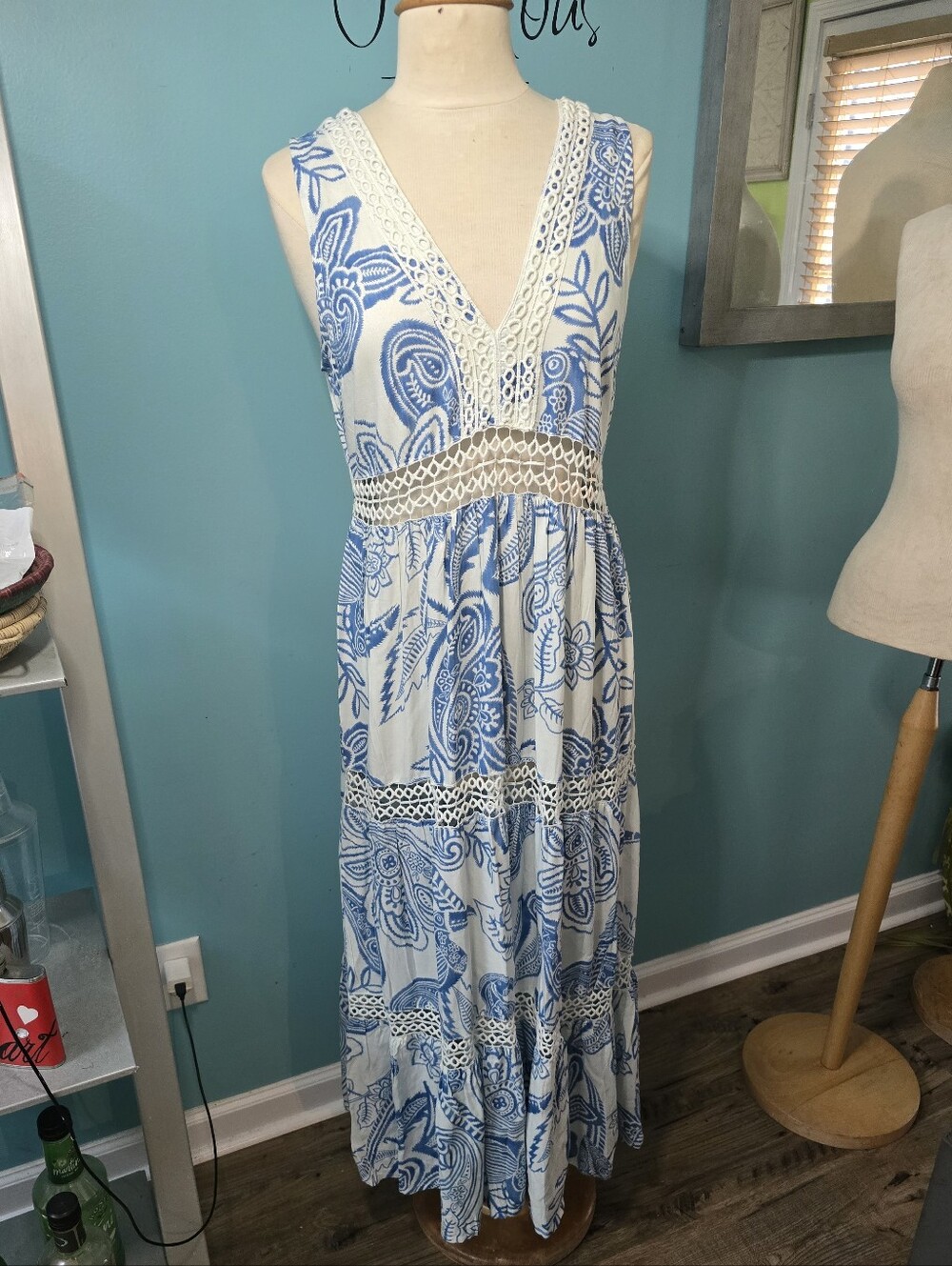 Blue and White Boho V-Neck Floral Maxi Dress